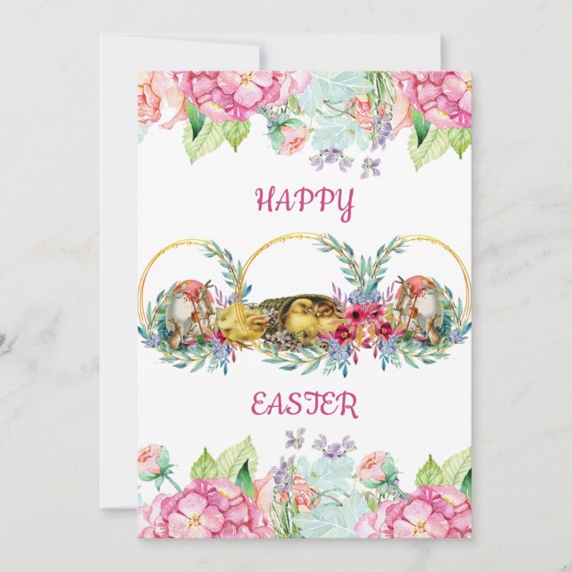 Cartes Pour Fêtes Annuelles Elégant Oeufs Aquarelle Poussette de Pâques Fleur  (Devant)