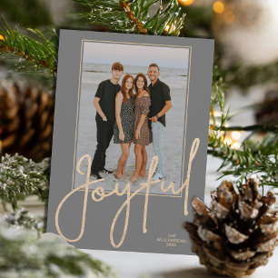 Cartes Pour Fêtes Annuelles Élégant Or JOYEUX Écriture sur Photo de Noël Grise