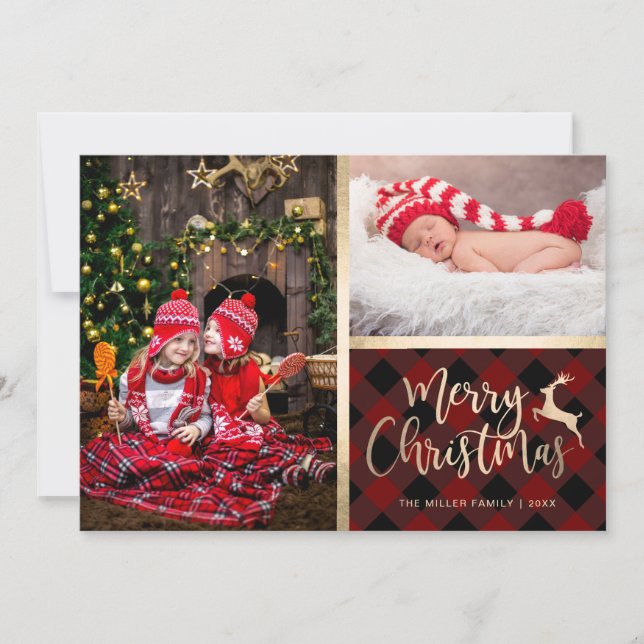 Cartes Pour Fêtes Annuelles Elégant or Joyeux Noël Plaid Photo personnalisée (Devant)