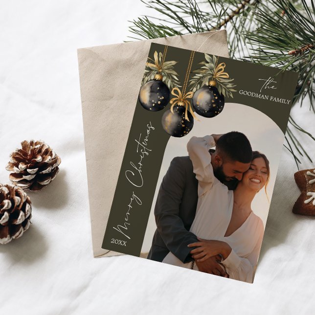 Cartes Pour Fêtes Annuelles Elégant or noir ornements Arch Photo NOËL (ELEGANT ARCH SHAPED PHOTO CARD WITH CALLIGRAPHY ACCENT MERRY CHRISTMAS FAMILY COUPLE NEWLY WED)