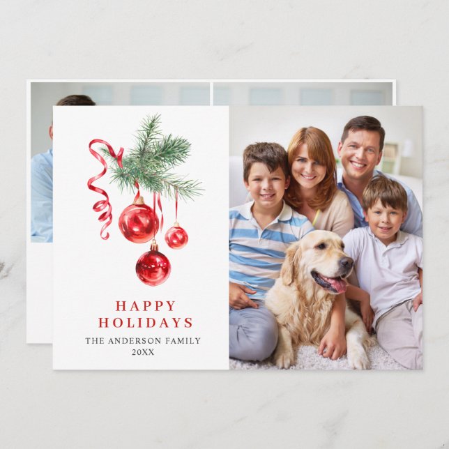 Cartes Pour Fêtes Annuelles Élégant Ornement Rouge Noël Salutation 3 PHOTO (Devant / Derrière)