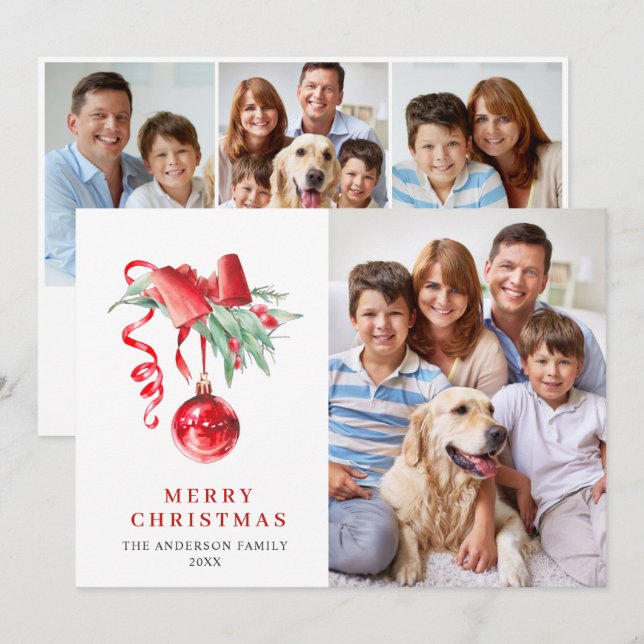 Cartes Pour Fêtes Annuelles Élégant Ornement Rouge Noël Salutation 4 PHOTO (Devant / Derrière)