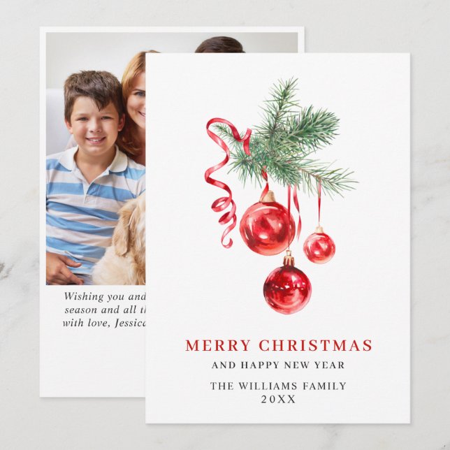 Cartes Pour Fêtes Annuelles Élégant Ornement Rouge Noël Salutation PHOTO (Devant / Derrière)