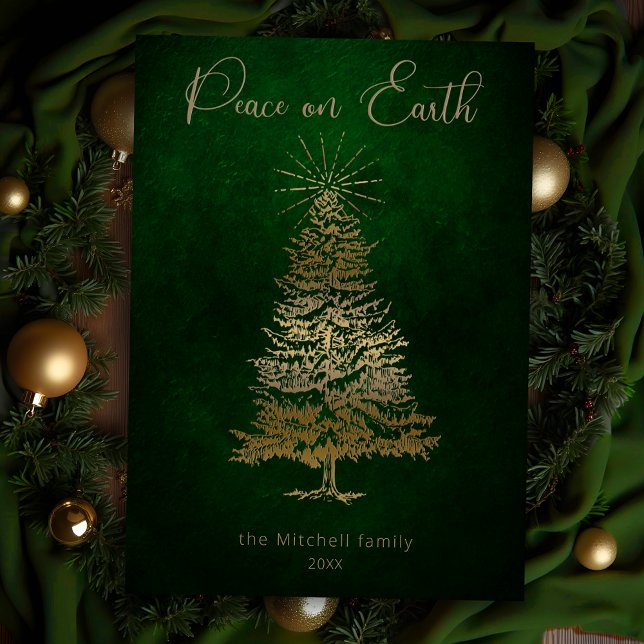 Cartes Pour Fêtes Annuelles Elegant Peace on Earth Gold Script et arbre (Créateur téléchargé)