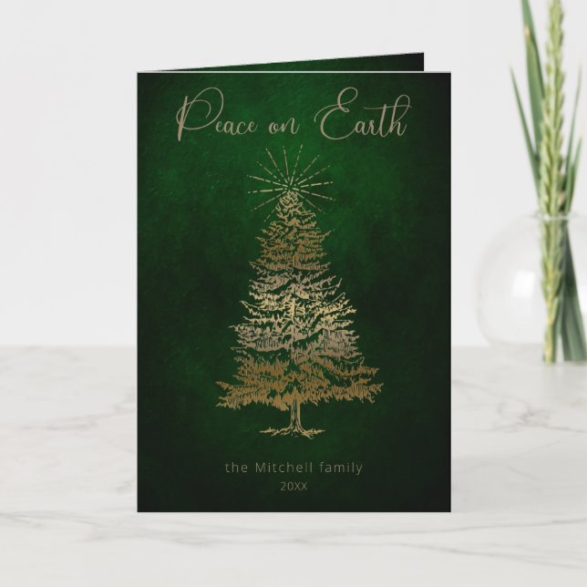 Cartes Pour Fêtes Annuelles Elegant Peace on Earth Gold Script et arbre (Devant)