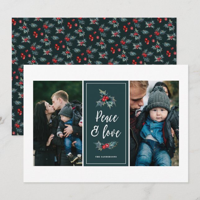 Cartes Pour Fêtes Annuelles Élégant Peint Holly | Peace Love Green Two Photo (Devant / Derrière)