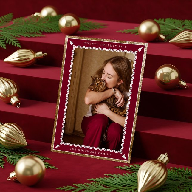 Cartes Pour Fêtes Annuelles Elegant Photo Faux Gold & Burgundy Wavy Frame (Elegant Photo Faux Gold & Burgundy Wavy Frame Holiday Card)