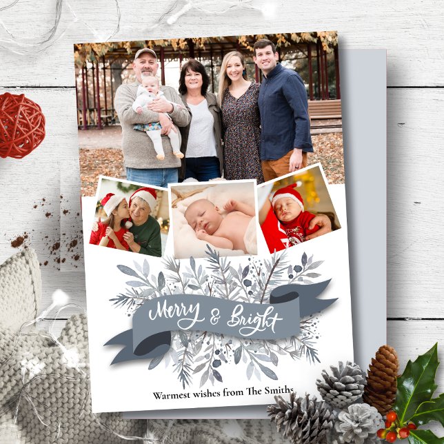 Cartes Pour Fêtes Annuelles Élégant Pin Gris Bouton Ruban Script moderne Photo (Créateur téléchargé)