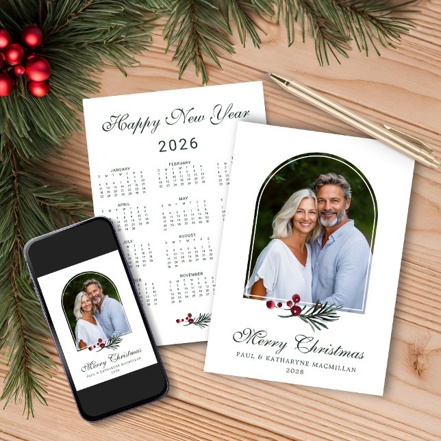 Cartes Pour Fêtes Annuelles Élégant Pine Arch Noël 2026 Calendrier photo (Elegant Pine Arch Christmas 2026 Photo Calendar Holiday Card with Instant Download)