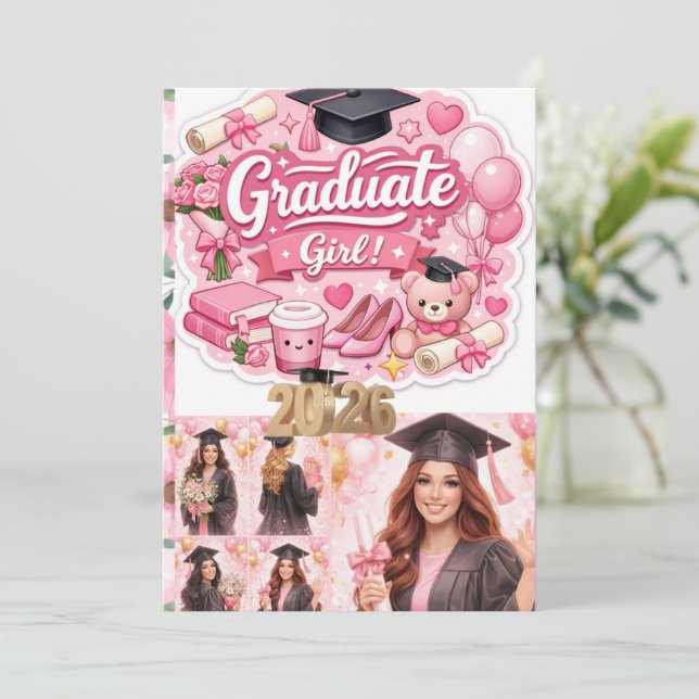 Cartes Pour Fêtes Annuelles Elegant Pink Floral Graduation Party baner (Debout devant)