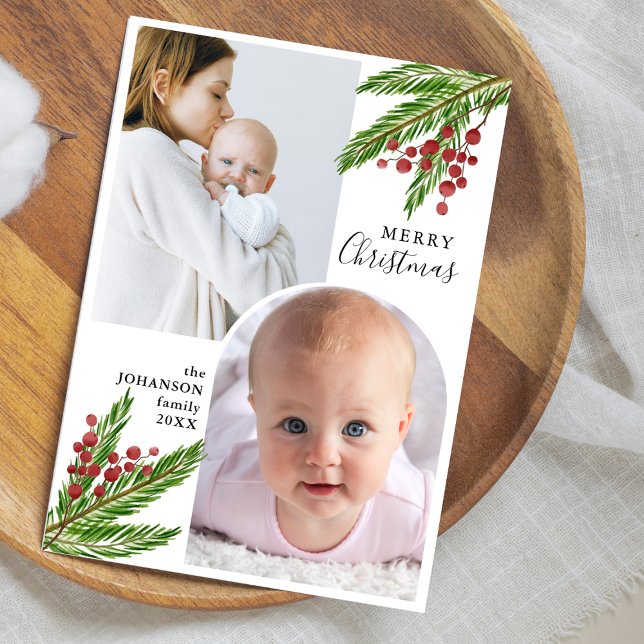 Cartes Pour Fêtes Annuelles Élégant Pins rustiques & Berries 2 Photo Noël (Créateur téléchargé)