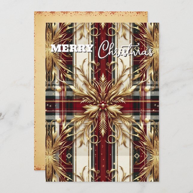 Cartes Pour Fêtes Annuelles Élégant plaid festif rouge et or (Devant / Derrière)
