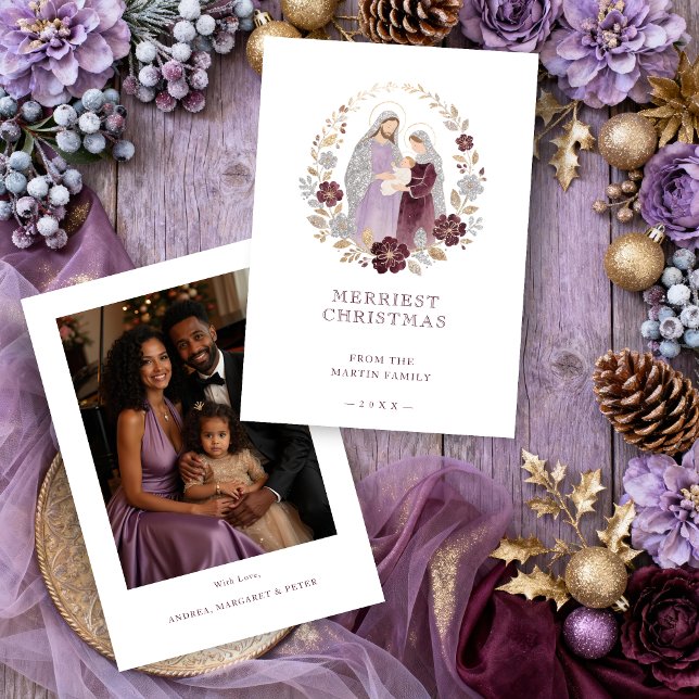 Cartes Pour Fêtes Annuelles Elegant Plum Holy Nativity Family Christmas Photo  (Elegant Plum Holy Nativity Family Christmas Holidays Cards with Back Family Photo. )