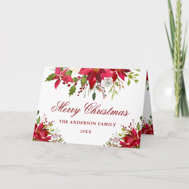 Cartes Pour Fêtes Annuelles Élégant poinsététie florale Plier rouge Noël (Devant)