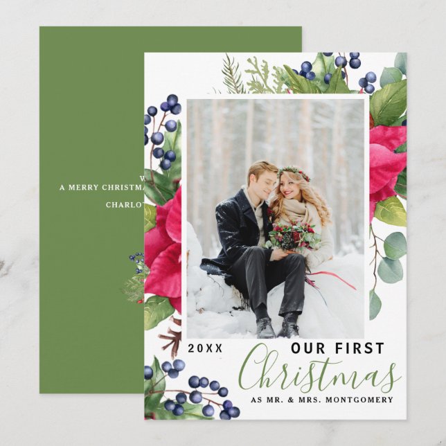 Cartes Pour Fêtes Annuelles Elégant Poinsettia Photo Notre premier vert de Noë (Devant / Derrière)