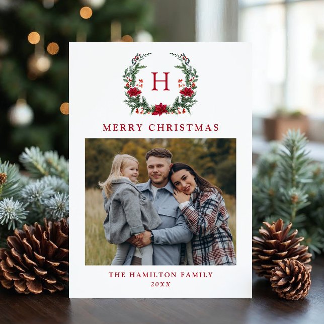 Cartes Pour Fêtes Annuelles Élégant Poinsettia Wreath Monogramme photo (Créateur téléchargé)