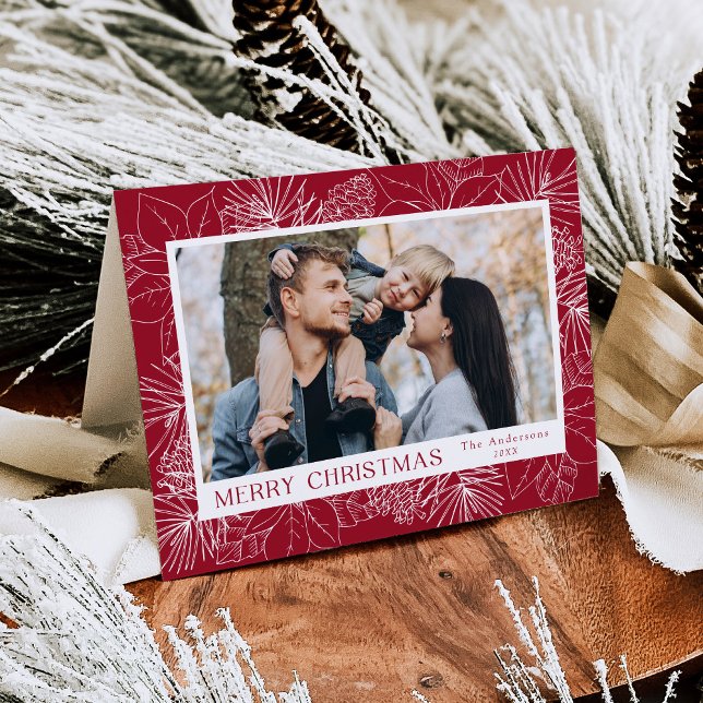 Cartes Pour Fêtes Annuelles Elégant Poinsettias et Pinecones Cranberry Photo (Créateur téléchargé)