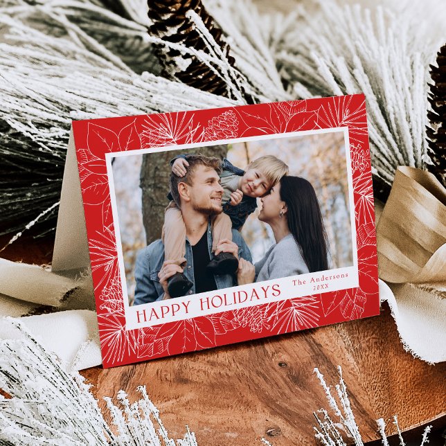 Cartes Pour Fêtes Annuelles Elégant Poinsettias et Pinecones Red 2 Photo (Créateur téléchargé)