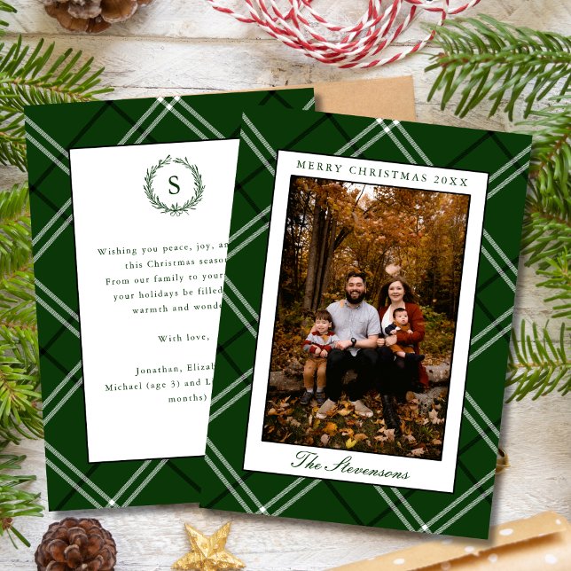 Cartes Pour Fêtes Annuelles Elegant Preppy Classic Green Plaid Christmas Photo (Créateur téléchargé)