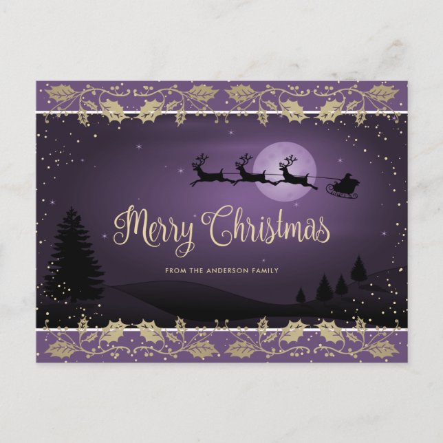 Cartes Pour Fêtes Annuelles Élégant Purple Gold Snow Holly Joyeux Noël (Devant)