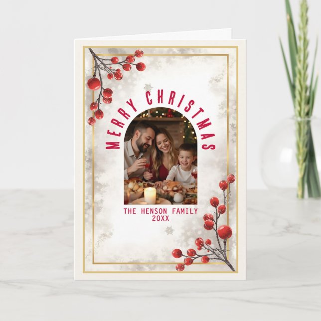 Cartes Pour Fêtes Annuelles Elegant Red Berries Family Photo Christmas Holiday (Devant)