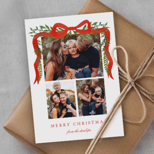 Cartes Pour Fêtes Annuelles Elegant Red Bow with Greenery 3 Photo Christmas (Elegant Red Bow with Greenery 3 Photo Christmas Holiday Cards.)