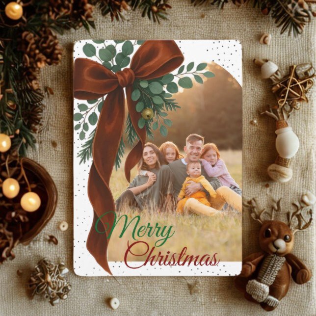 Cartes Pour Fêtes Annuelles Elegant Red Bow with Greenery Photo Christmas  (Créateur téléchargé)