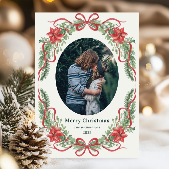 Cartes Pour Fêtes Annuelles Elegant Red Bow Wreath Christmas Photo Card (Créateur téléchargé)