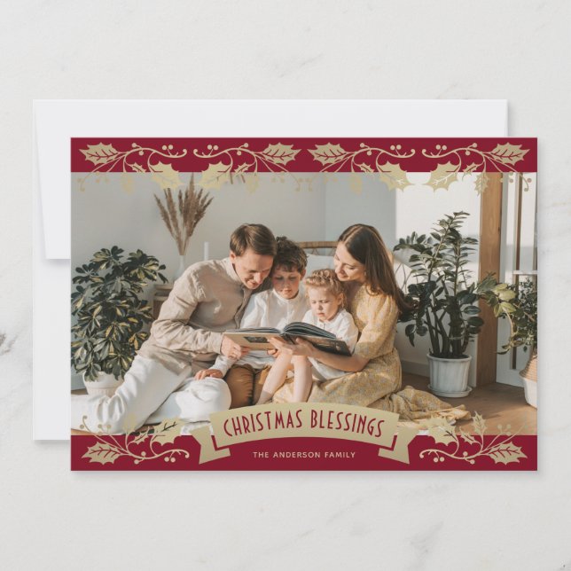 Cartes Pour Fêtes Annuelles Elegant Red Gold Holly Berries Photo Christian (Devant)