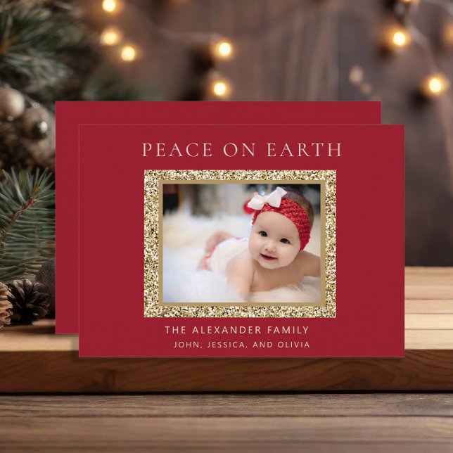 Cartes Pour Fêtes Annuelles Elegant Red Gold Joie Noël Photo Peace Earth (Elegant red and gold Christmas photo greeting card)