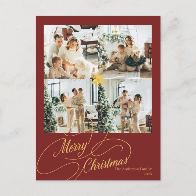 Cartes Pour Fêtes Annuelles Elegant Red & Gold Merry Christmas Family Photo -  (Devant)