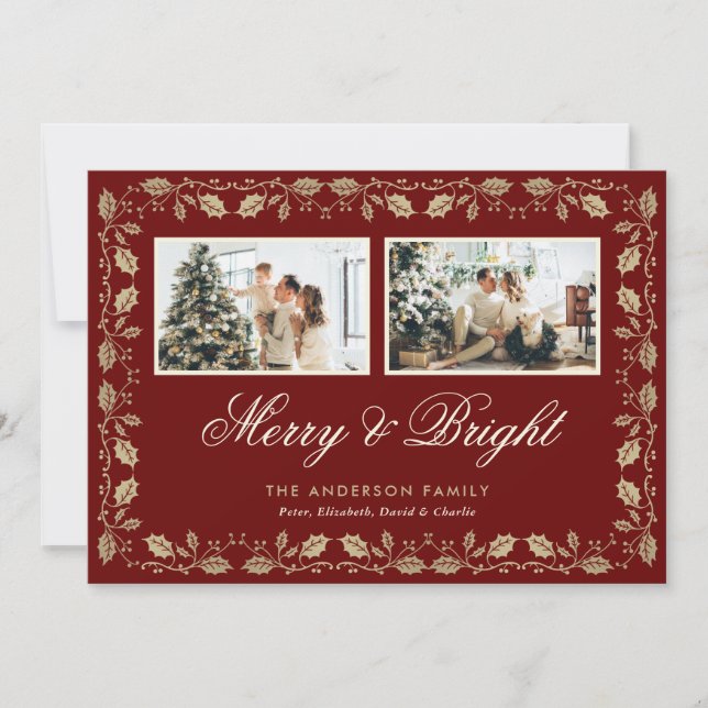 Cartes Pour Fêtes Annuelles Élégant Red Merry et Bright 2 Photo Noël (Devant)