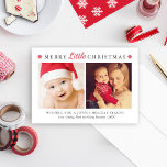 Cartes Pour Fêtes Annuelles Élégant Red Merry Little Christmas Photo Collage<br><div class="desc">Ce carte photo de vacances moderne et élégant présente "Merry Little Christmas" en gris foncé texte classique avec accent de script rouge. Comprend deux espaces photo, un accueil personnalisé et un espace pour inclure des noms de membres de famille. Les flocons rouges mettent l'accent sur le titre avant et un...</div>