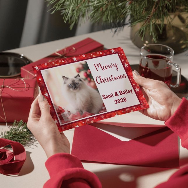 Cartes Pour Fêtes Annuelles Elégant Red Stars Photo de vacances (Elegant Red Holiday Photo Personalized Card)