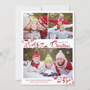 Cartes Pour Fêtes Annuelles Elégant Red Winter Berries Foliage 3 Photo Collage