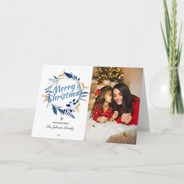 Cartes Pour Fêtes Annuelles Élégant Reindeer Floral Christmas Wreath Photo (Devant)