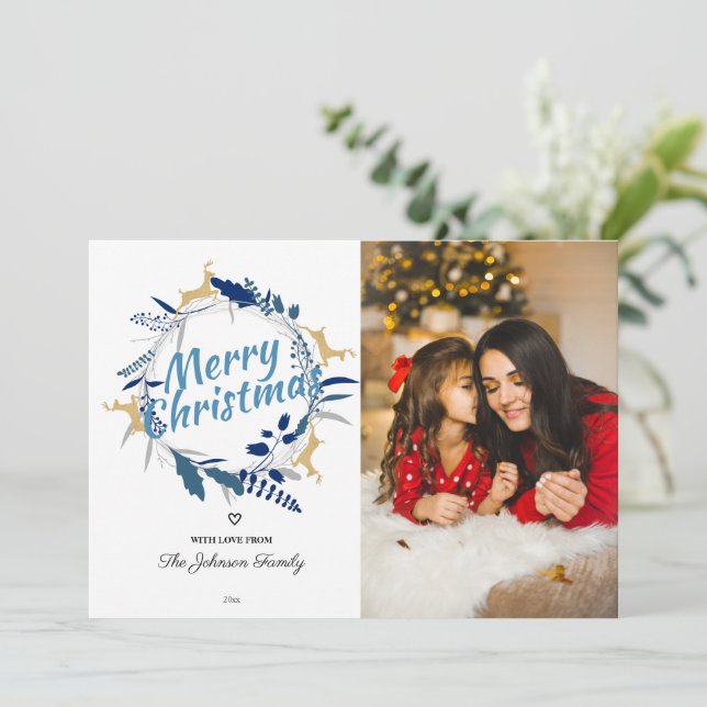 Cartes Pour Fêtes Annuelles Élégant Reindeer Floral Verre de Noël Photo Hol (Debout devant)