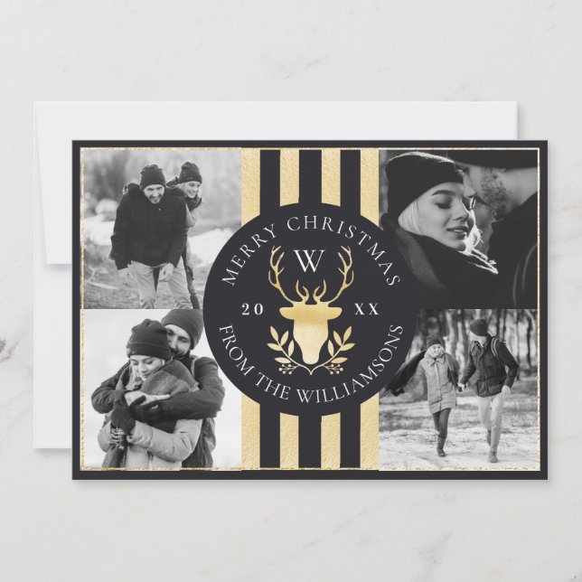 Cartes Pour Fêtes Annuelles Élégant Reindeer Or Monogram Crest Mariage Photo (Devant)