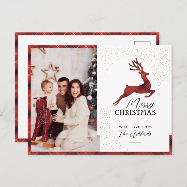 Cartes Pour Fêtes Annuelles Élégant Reindeer Rouge & Or Plaid sur mesure & Pho (Devant / Derrière)