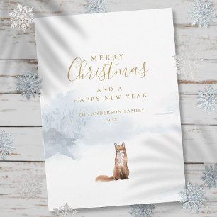 Cartes Pour Fêtes Annuelles Élégant renard d'hiver de Noël en écriture dorée