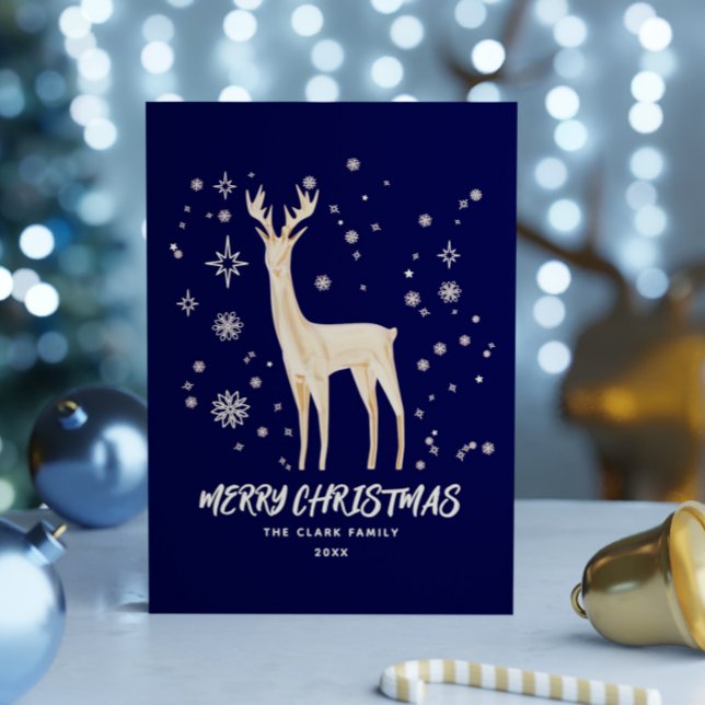 Cartes Pour Fêtes Annuelles Élégant renne Bleu et Or Joyeux Noël (Elegant Blue and Gold Reindeer Merry Christmas Holiday Card)