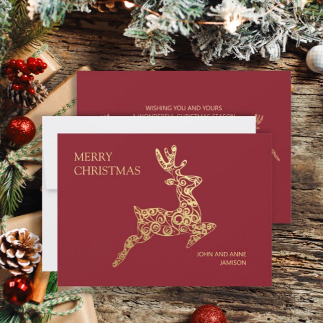 Cartes Pour Fêtes Annuelles Élégant renne rouge or Joyeux Noël (Red and gold reindeer Christmas greeting card personalized with your own text.)