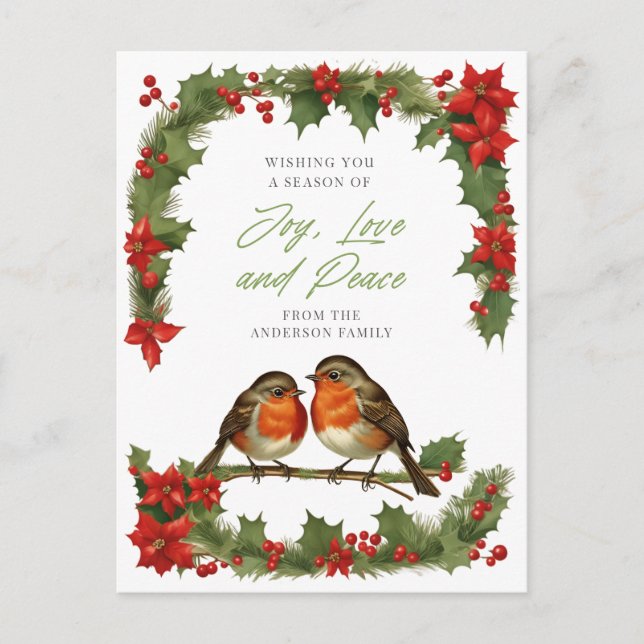 Cartes Pour Fêtes Annuelles Élégant Robins aquarelle et couronne Noël (Devant)
