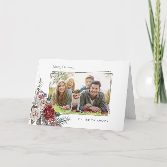 Cartes Pour Fêtes Annuelles Elégant Rose aquarelle, Pine & Gold Frame Photo (Devant)