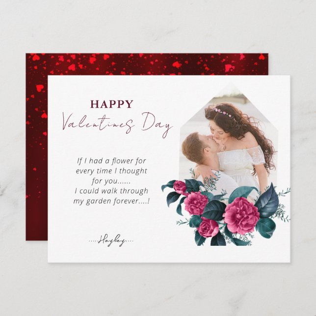 Cartes Pour Fêtes Annuelles Élégant rose florale photo horizontale Valentines (Devant / Derrière)