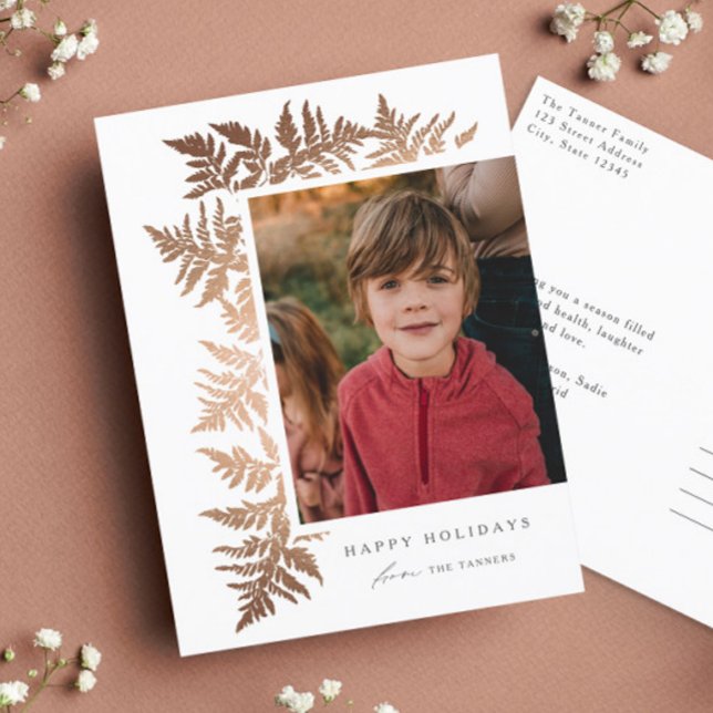 Cartes Pour Fêtes Annuelles Elégant Rose Gold Garland 2 Photo Noël (Elegant rose gold ferns photo holiday postcard.)