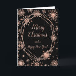 Cartes Pour Fêtes Annuelles Élégant Rose Gold Snowflakes Joyeux Noël<br><div class="desc">Une belle carte de Noël avec d'élégants flocons d'or rose sur un arrière - plan noir. A l'intérieur, il y a un espace pour un message. Une façon parfaite de saluer vos amis et votre famille en cette saison festive. La couleur de l'arrière - plan de page et le texte...</div>
