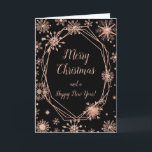 Cartes Pour Fêtes Annuelles Élégant Rose Gold Snowflakes Joyeux Noël<br><div class="desc">Une belle carte de Noël avec d'élégants flocons d'or rose sur un arrière - plan noir. A l'intérieur, il y a un espace pour un message. Une façon parfaite de saluer vos amis et votre famille en cette saison festive. La couleur de l'arrière - plan de page et le texte...</div>