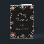 Cartes Pour Fêtes Annuelles Élégant Rose Gold Snowflakes Joyeux Noël<br><div class="desc">Une belle carte de Noël avec d'élégants flocons d'or rose sur un arrière - plan noir. A l'intérieur, il y a un espace pour un message. Une façon parfaite de saluer vos amis et votre famille en cette saison festive. La couleur de l'arrière - plan de page et le texte...</div>