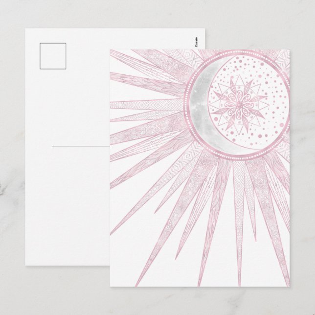 Cartes Pour Fêtes Annuelles Elégant rose Sun Moon Doodle Mandala White Design (Devant / Derrière)